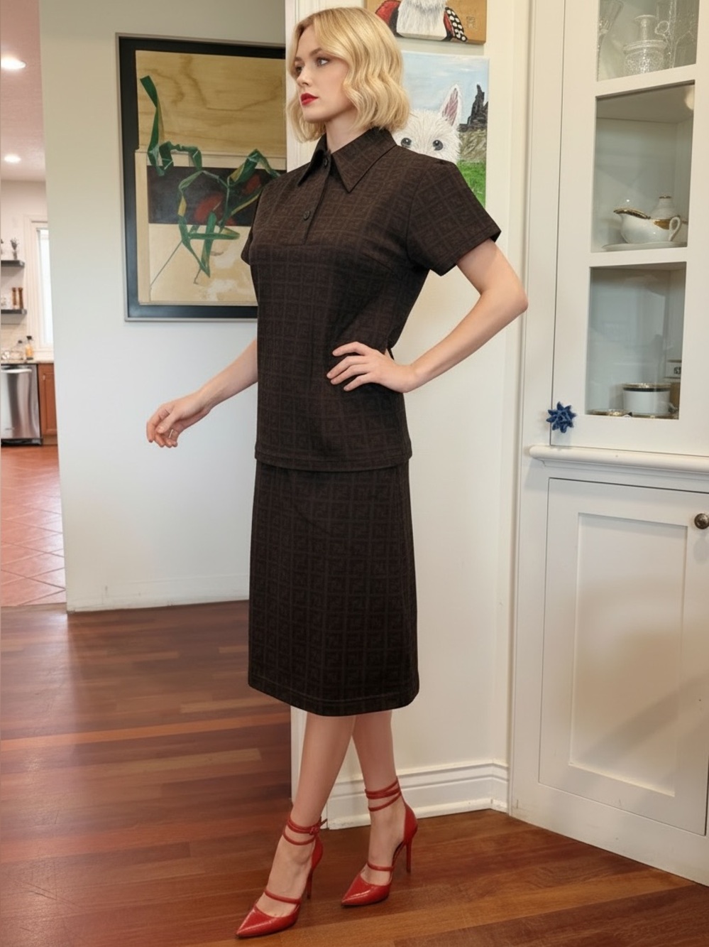 Fendi NWT Vintage Black Logo Jacquard Midi Skirt Set